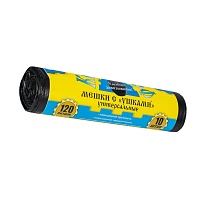 Мешки для мусора 120 л, с ушками, черные, в рулоне 10 шт., ПНД, 13 мкм, 1050х680 мм, Крепакоф, 4607075710436 в Белгороде