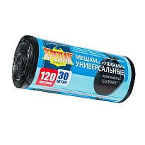 Мешки для мусора 120 л, с ушками, черные, в рулоне 30 шт., ПНД, 15 мкм, 1100х700 мм, Крепак, 4607075710375 в Белгороде